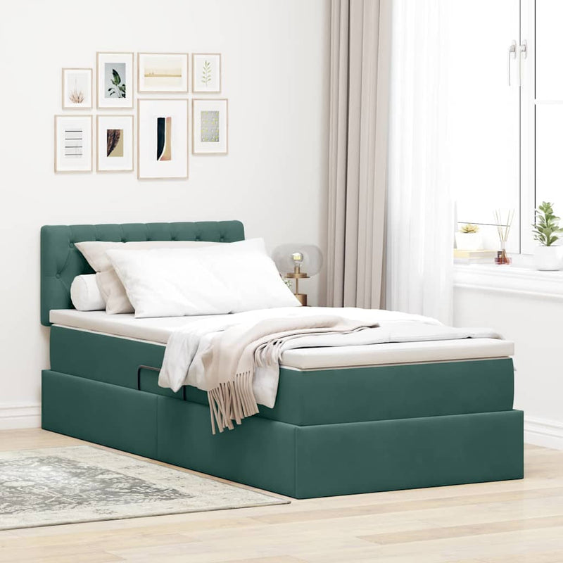 Pat cu LED și saltea Verde închis 100 x 200 cm Catifea