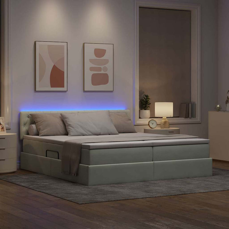 Pat cu LED și saltea Gri deschis 200 x 200 cm Catifea