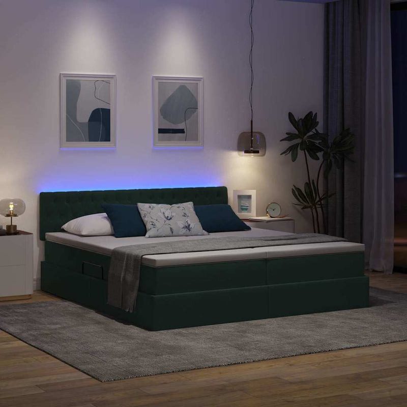 Pat cu LED și saltea Verde închis 200 x 200 cm Catifea