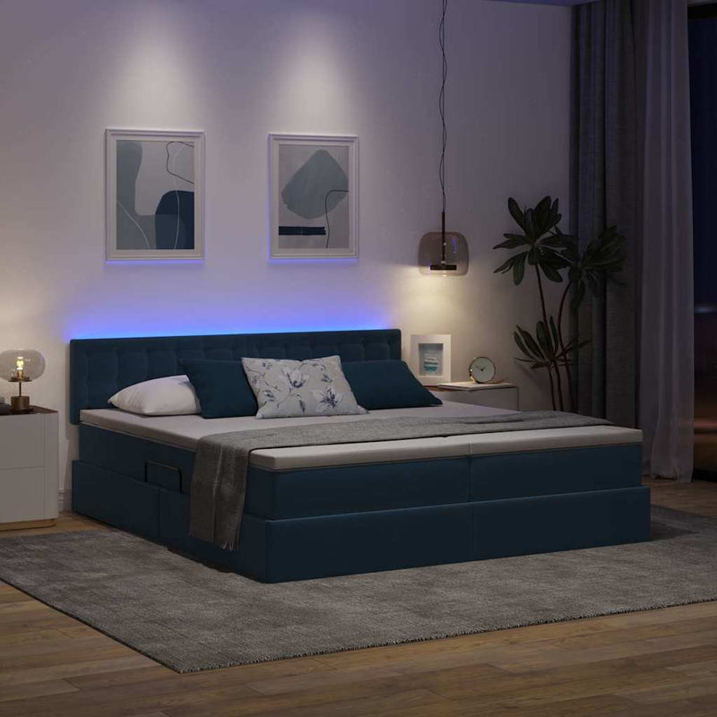 Pat cu LED și saltea Albastru închis 200 x 200 cm Catifea