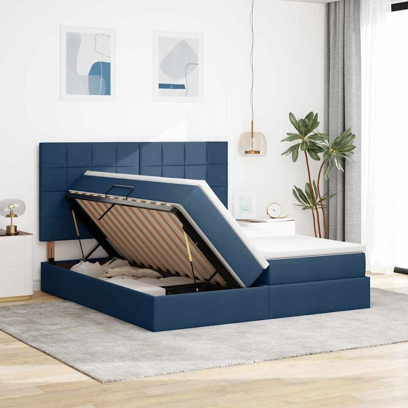 Pat cu storage cu headboard albastru 200 x 200 cm Țesătură