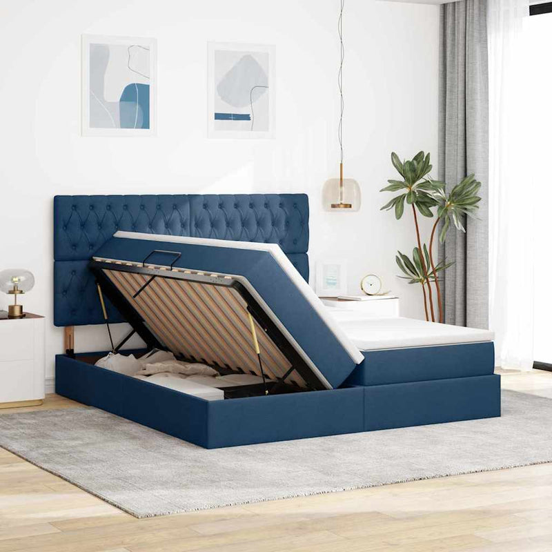 Pat cu storage cu headboard albastru 200 x 200 cm Țesătură