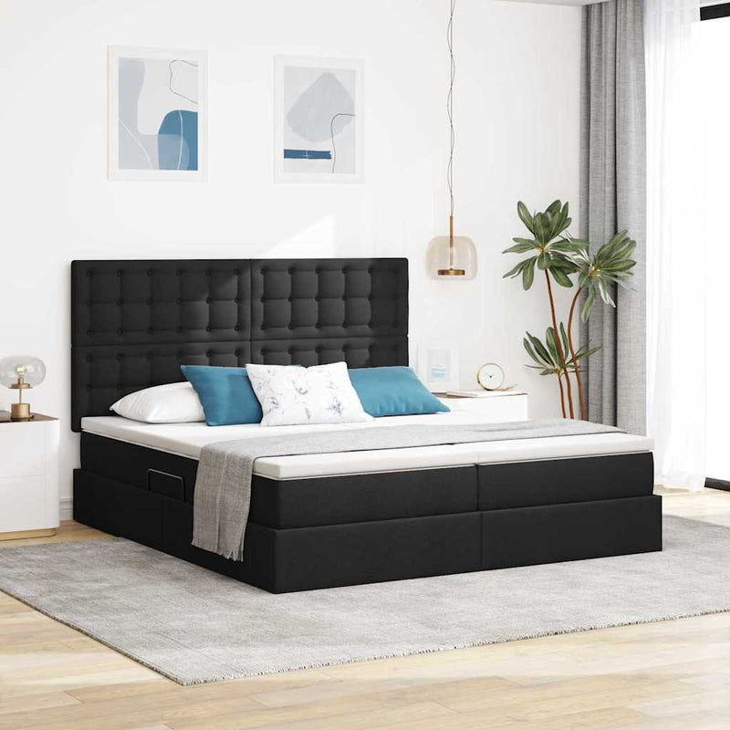 Pat cu storage cu headboard Negru 200 x 200 cm Țesătură