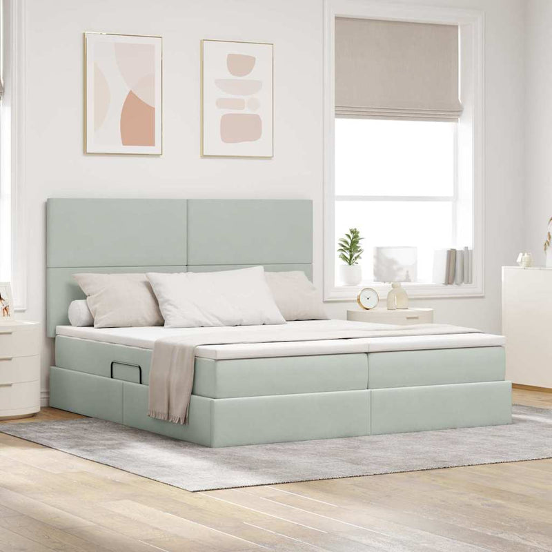 Pat cu storage cu headboard Gri deschis 200 x 200 cm Catifea