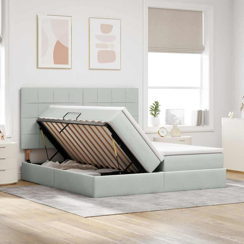 Pat cu storage cu headboard Gri deschis 200 x 200 cm Catifea