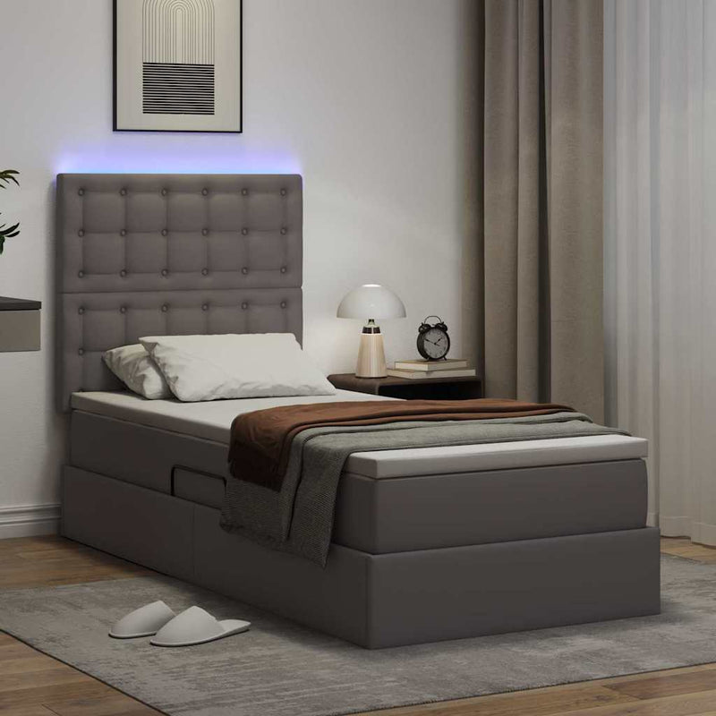 Pat cu saltea și LED Gri 90 x 200 cm Piele artificială