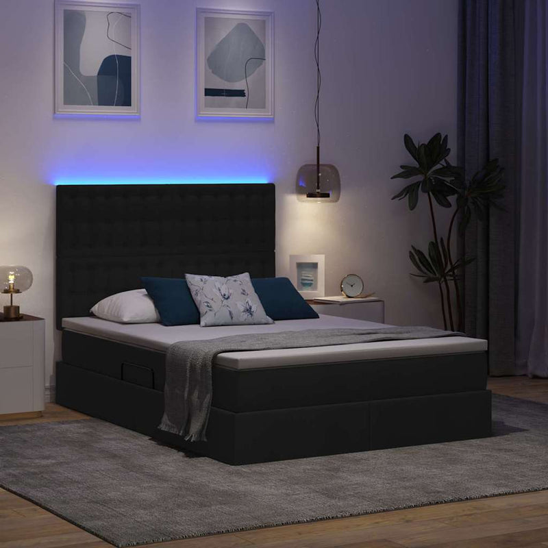 Pat cu LED și saltea Negru 140 x 200 cm Țesătură