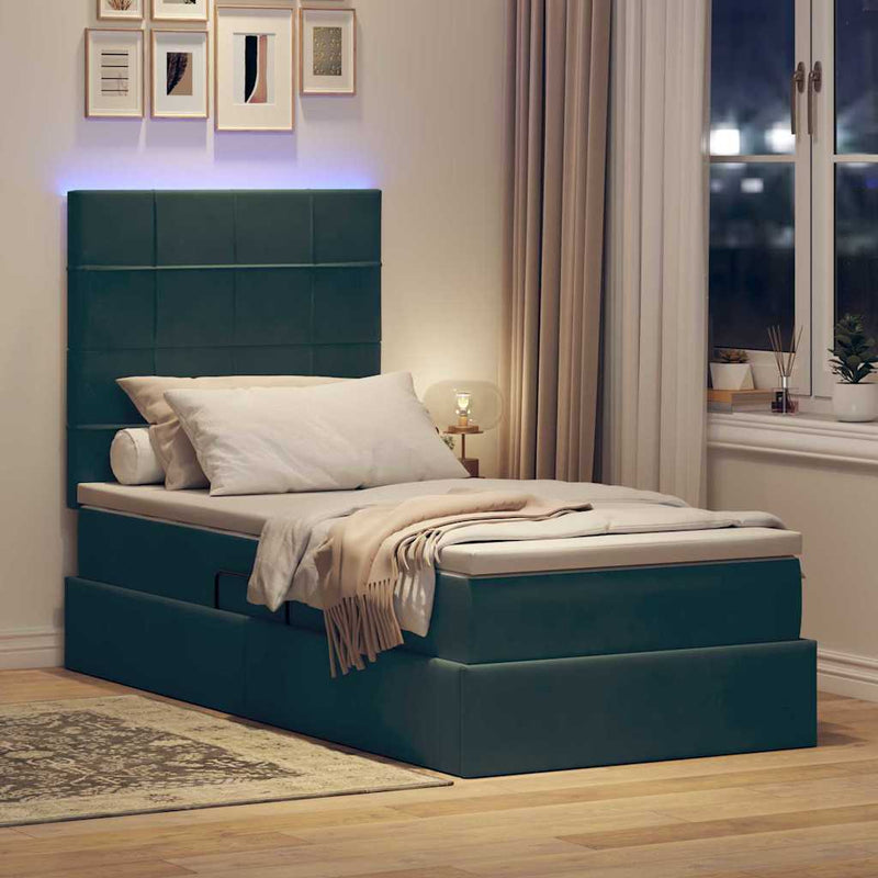 Pat cu LED și saltea Verde închis 100 x 200 cm Catifea