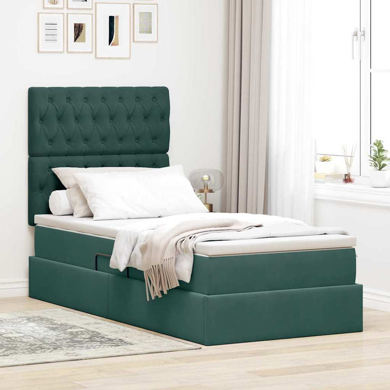 Pat cu LED și saltea Verde închis 100 x 200 cm Catifea