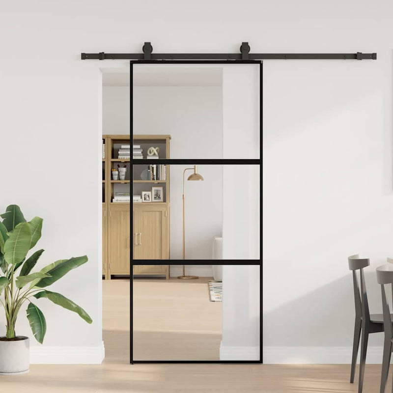 Ușă glisantă cu set feronerie neagră 90x205cm sticlă securizată
