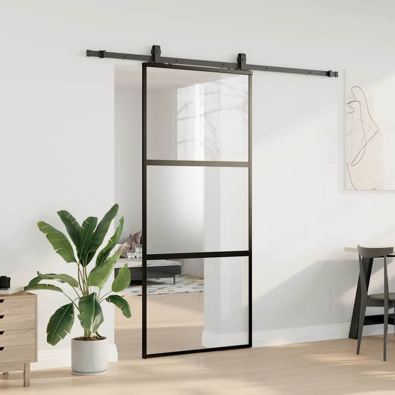 Ușă glisantă cu set feronerie neagră 90x205cm sticlă securizată