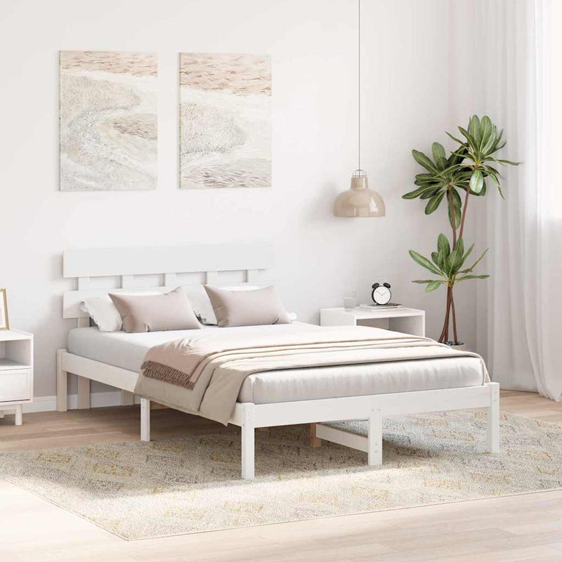 Cadru de pat cu headboard Alb 135 x 190 cm Lemn masiv de pin