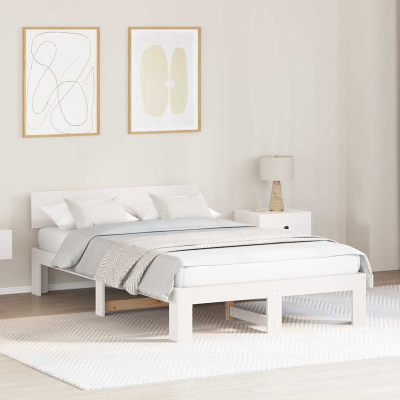 Cadru de pat cu headboard Alb 135 x 190 cm Lemn de pin masiv