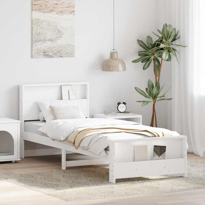 Cadru de pat cu raft Alb 90 x 190 cm Lemn masiv de pin