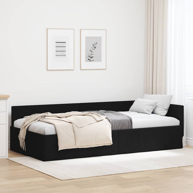 Cadru de pat colțar cu headboard Negru 90 cm x 200 cm țesătură