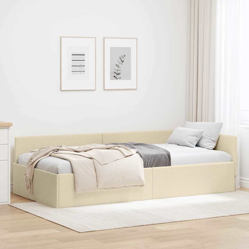 Cadru de pat colțar cu headboard Crem 90 cm x 200 cm țesătură