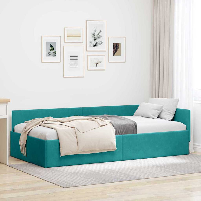Cadru de pat colțar cu headboard Turcoaz 90 cm x 190 cm Catifea