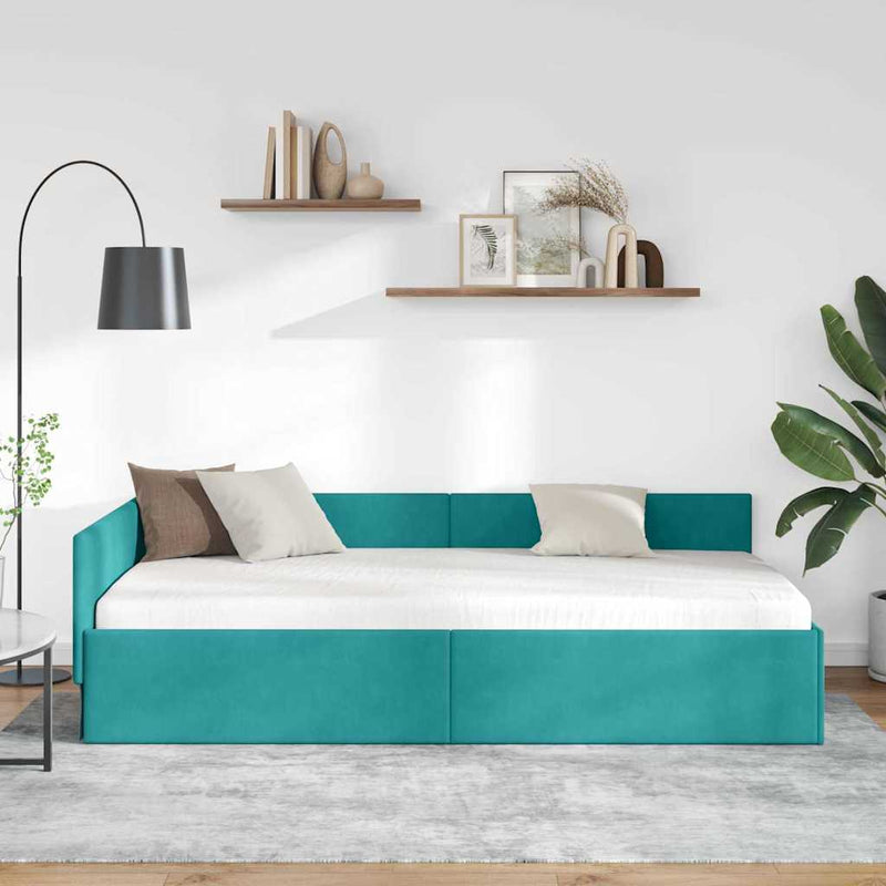 Cadru de pat colțar cu headboard Turcoaz 90 cm x 200 cm Catifea