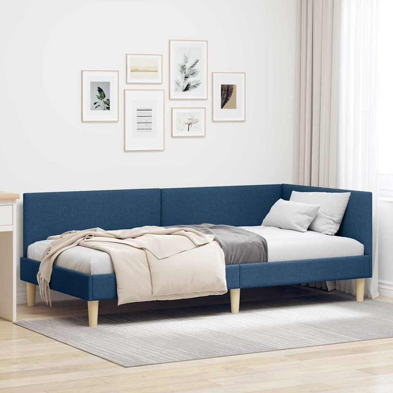 Cadru de pat colțar albastru 90 cm x 190 cm Țesătură și placaj