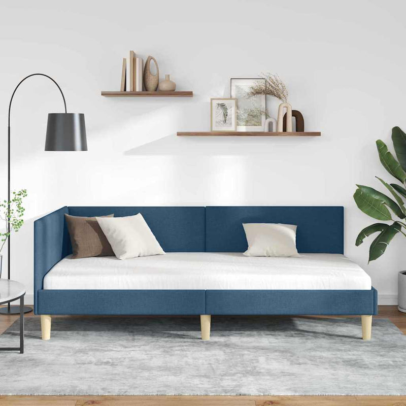 Cadru de pat colțar albastru 90 cm x 190 cm Țesătură și placaj