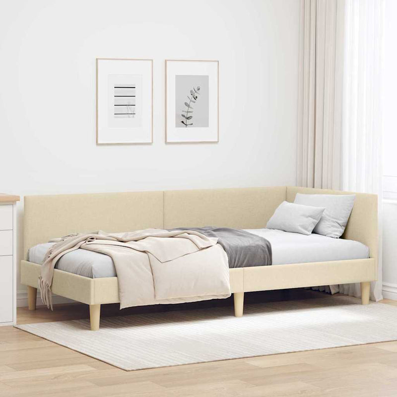 Cadru de pat colțar Crem 90 cm x 200 cm Țesătură și placaj