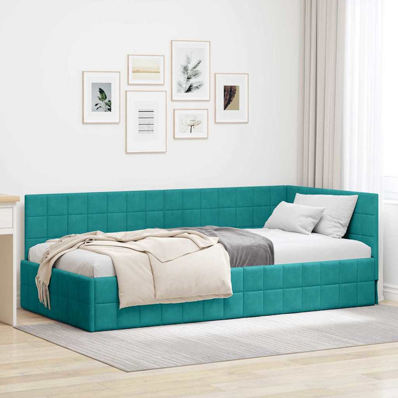 Cadru de pat colțar cu headboard Turcoaz 90 cm x 200 cm Catifea
