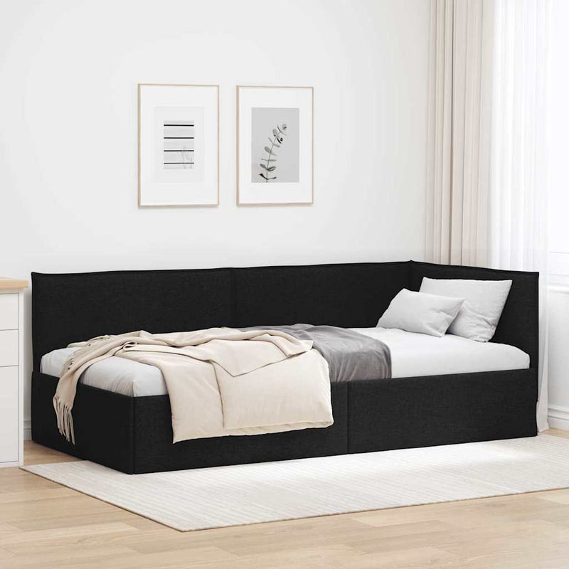 Cadru de pat colțar cu headboard Negru 90 x 190 cm țesătură