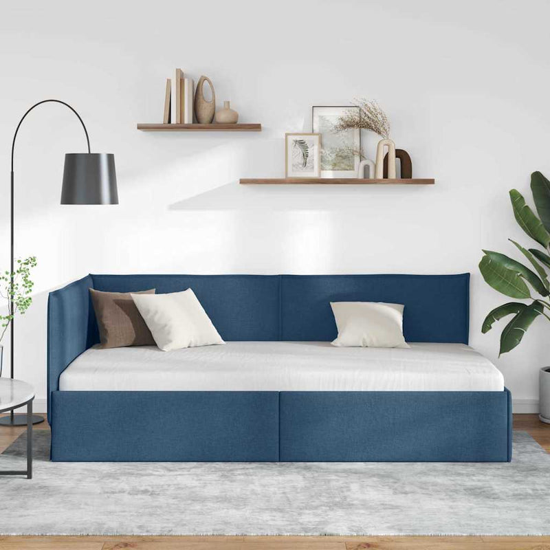 Cadru de pat colțar cu headboard albastru 100 x 200 cm țesătură