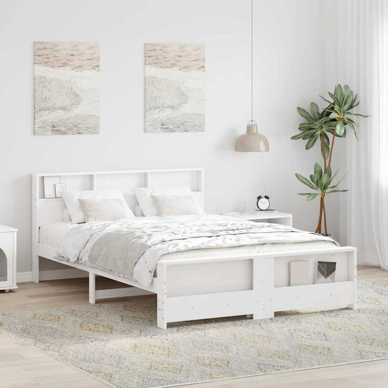 Cadru de pat cu raft Alb 140 x 200 cm Lemn masiv de pin