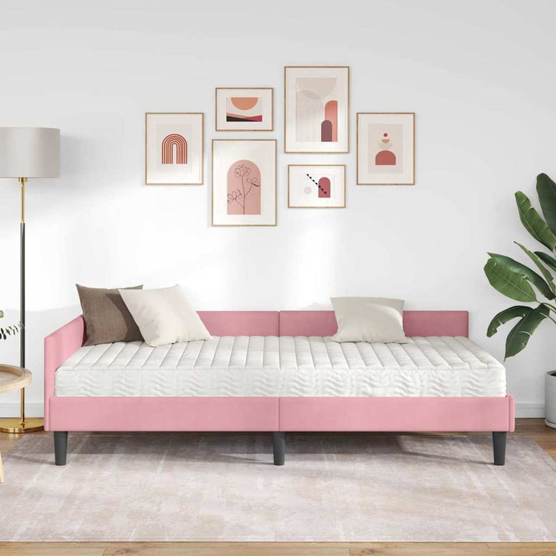 Cadru de pat colțar cu saltea 2 buc. Roz 90 x 200 cm Catifea