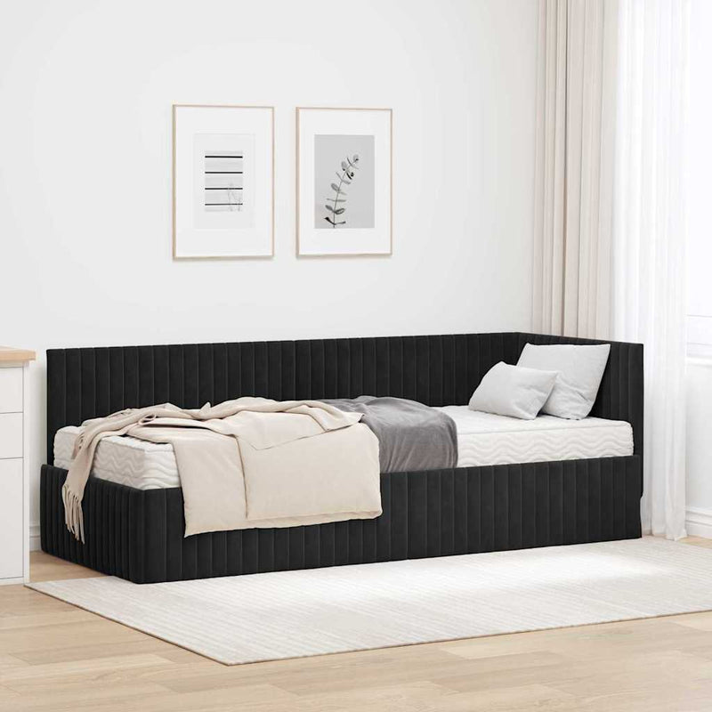 Cadru de pat colțar cu saltea cu headboard 2 buc. Negru Catifea