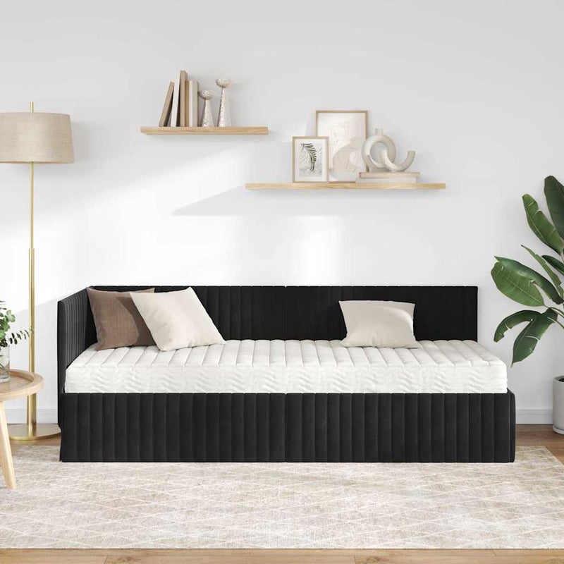 Cadru de pat colțar cu saltea cu headboard 2 buc. Negru Catifea