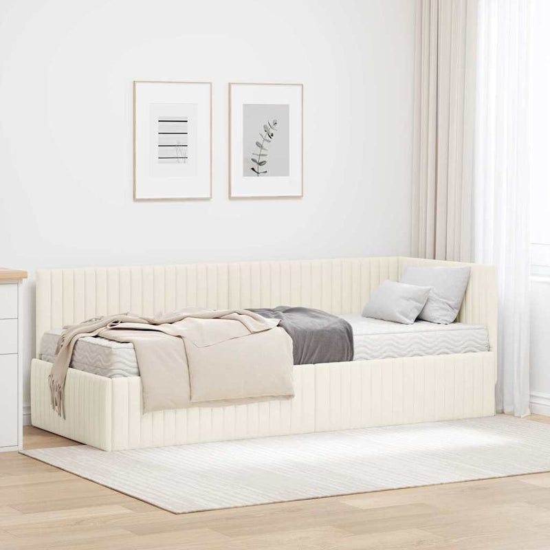Cadru de pat colțar cu saltea cu headboard 2 buc. Crem Catifea