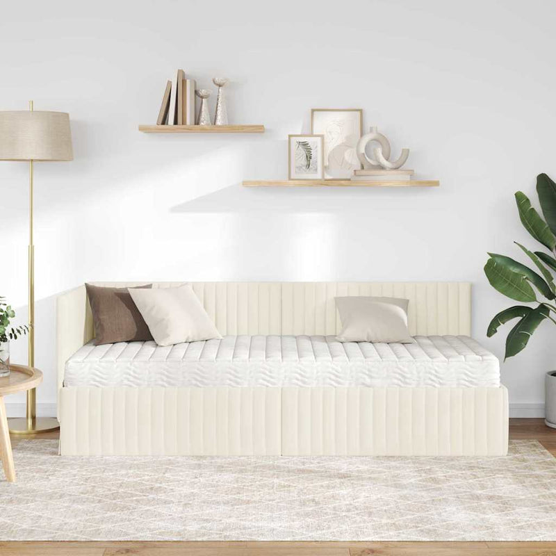 Cadru de pat colțar cu saltea cu headboard 2 buc. Crem Catifea