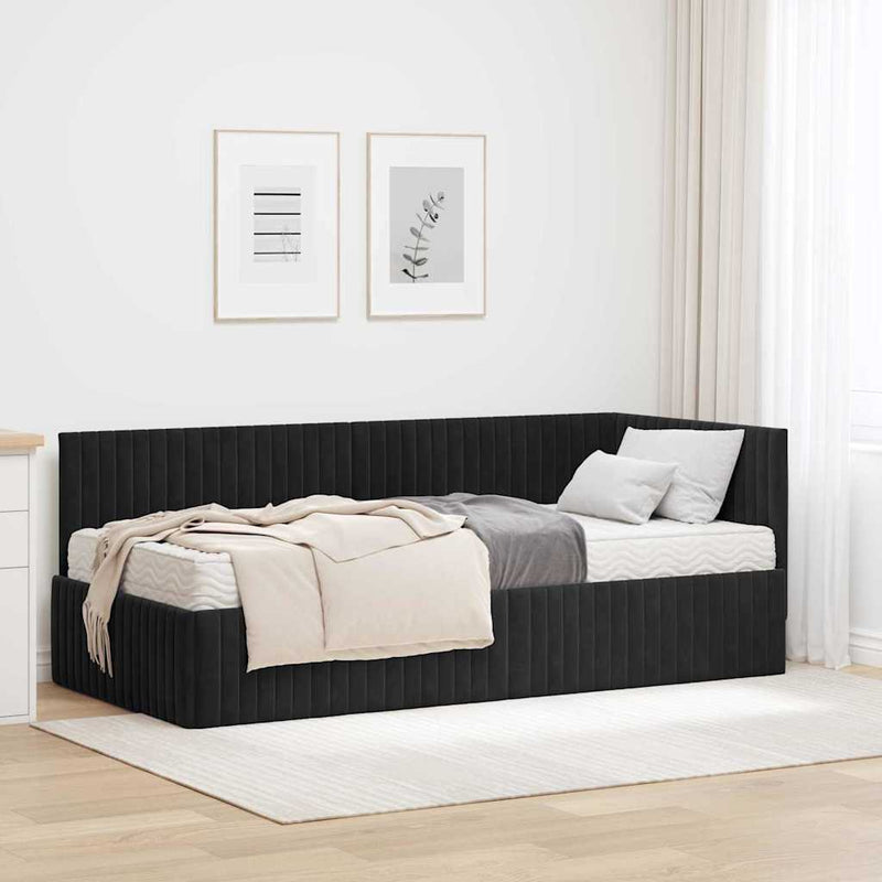 Cadru de pat colțar cu saltea cu headboard 2 buc. Negru Catifea