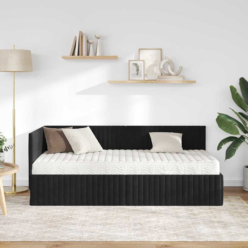 Cadru de pat colțar cu saltea cu headboard 2 buc. Negru Catifea