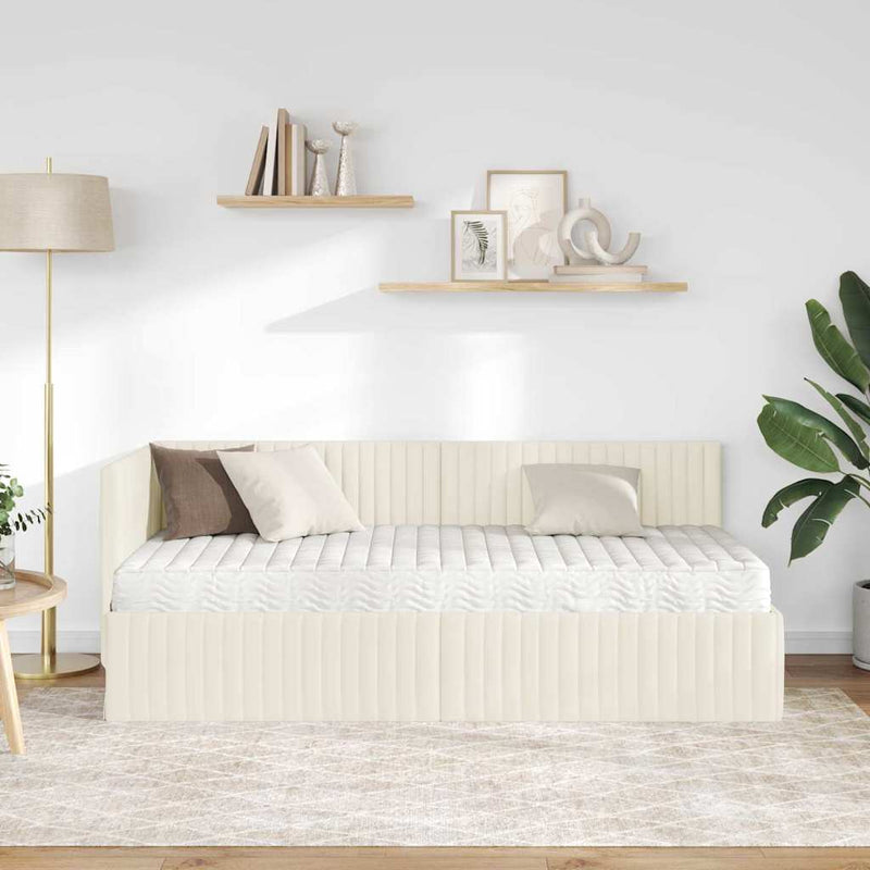 Cadru de pat colțar cu saltea cu headboard 2 buc. Crem Catifea