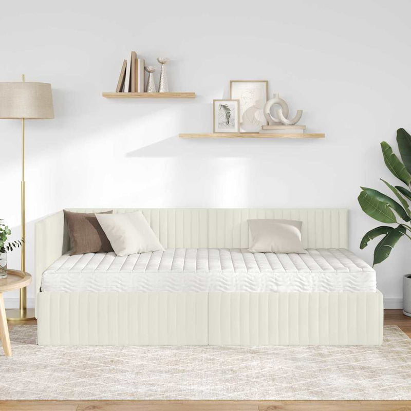 Cadru de pat colțar cu saltea cu headboard 2 buc. Crem Catifea