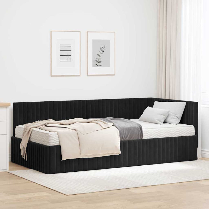 Cadru de pat colțar cu saltea cu headboard 2 buc. Negru Catifea
