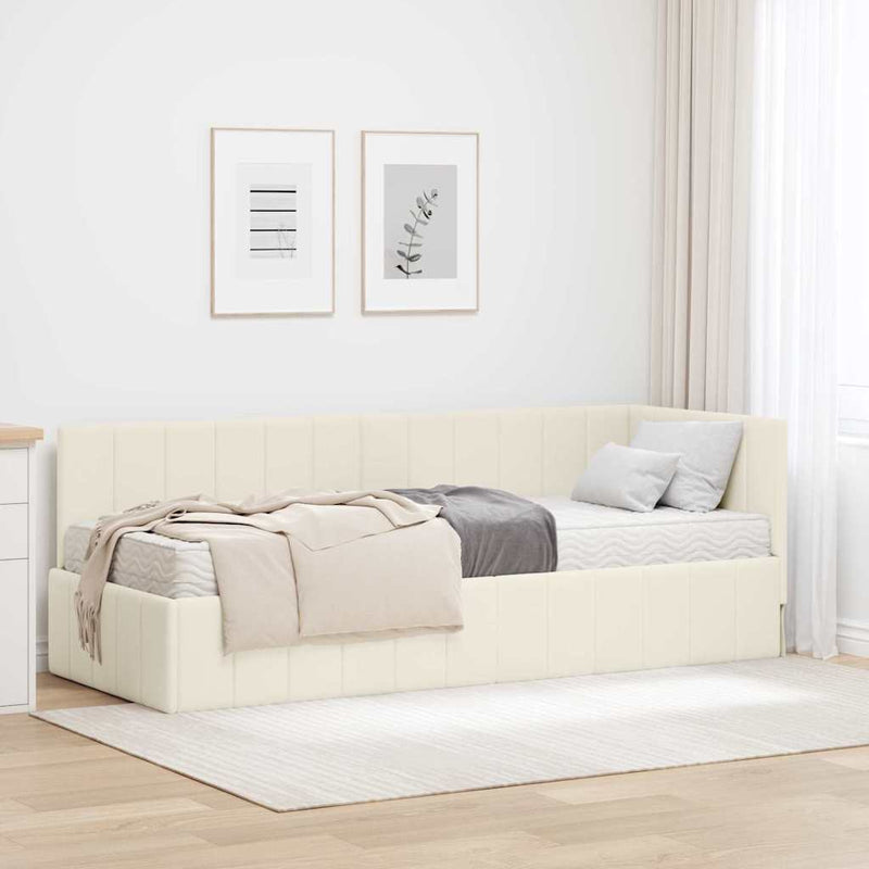 Cadru de pat colțar cu saltea cu headboard 2 buc. Crem Catifea