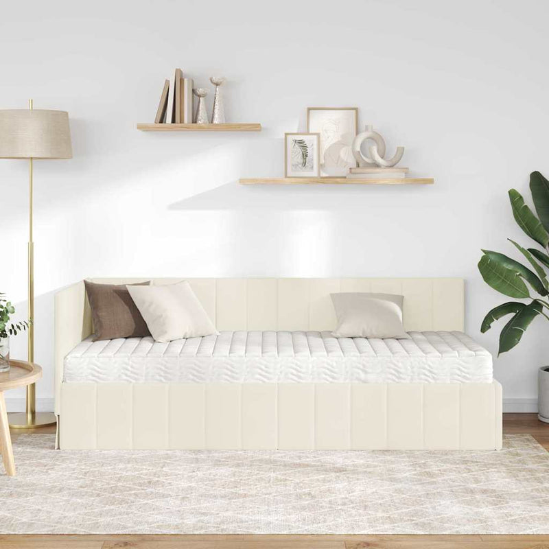Cadru de pat colțar cu saltea cu headboard 2 buc. Crem Catifea