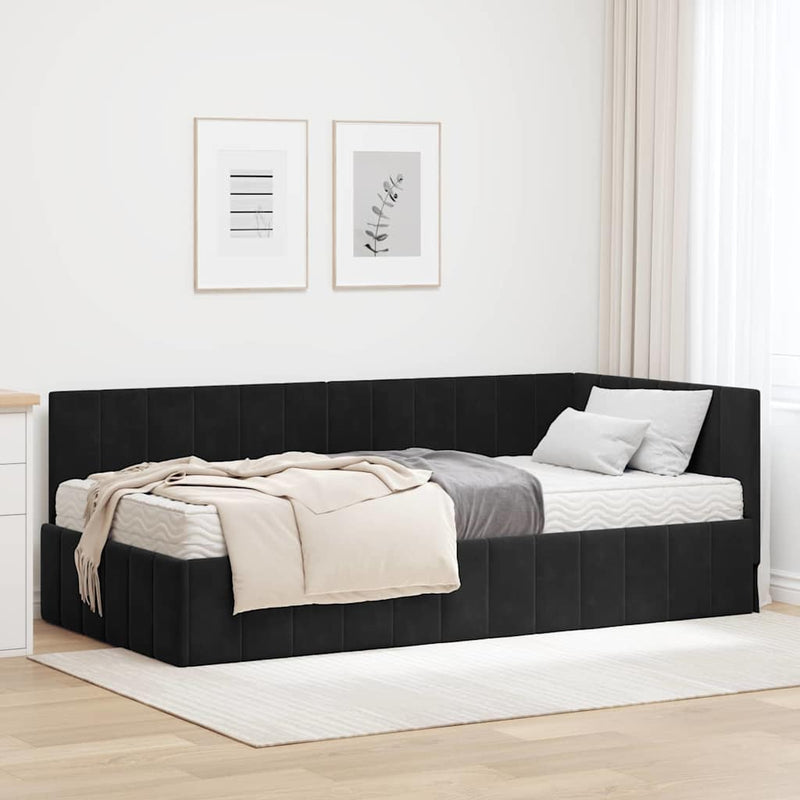 Cadru de pat colțar cu saltea cu headboard 2 buc. Negru Catifea