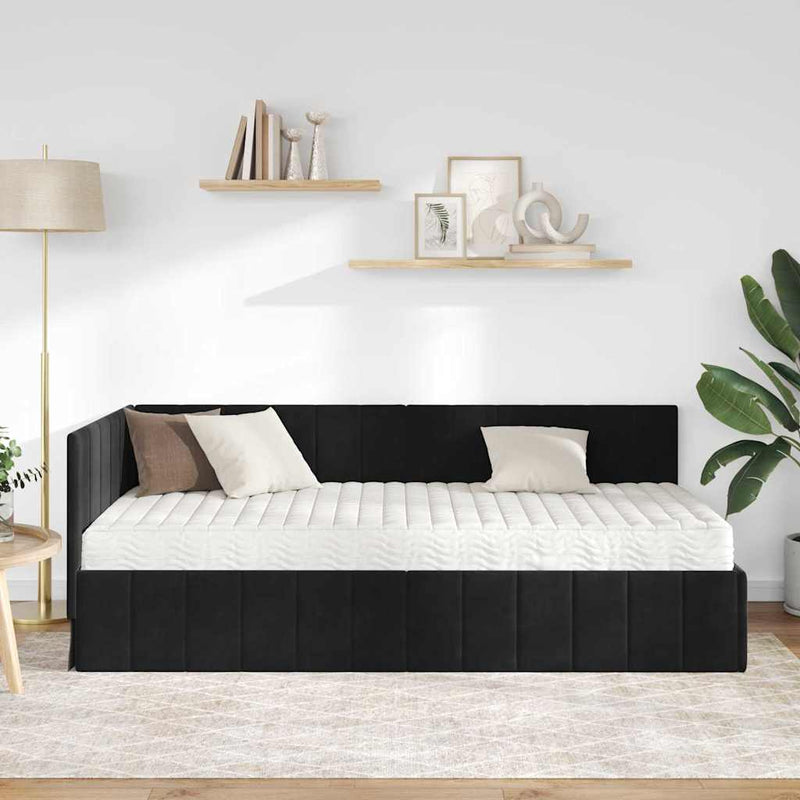 Cadru de pat colțar cu saltea cu headboard 2 buc. Negru Catifea