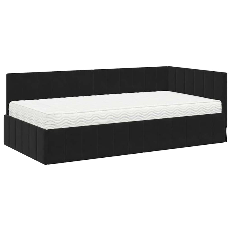 Cadru de pat colțar cu saltea cu headboard 2 buc. Negru Catifea