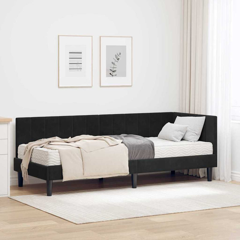 Cadru de pat colțar cu saltea cu headboard 2 buc. Negru Catifea