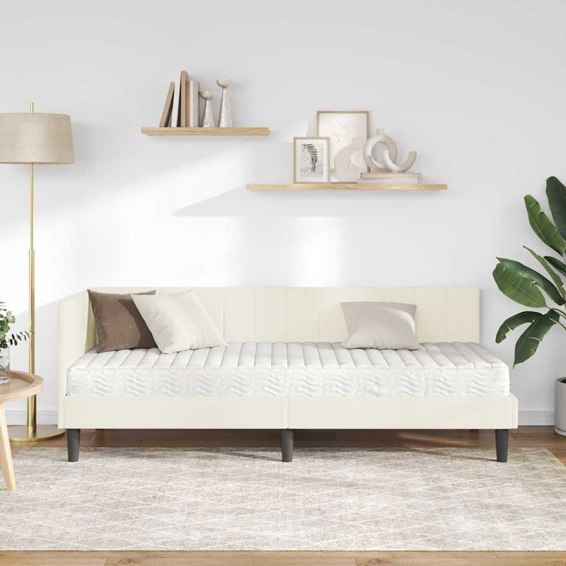 Cadru de pat colțar cu saltea cu headboard 2 buc. Crem Catifea