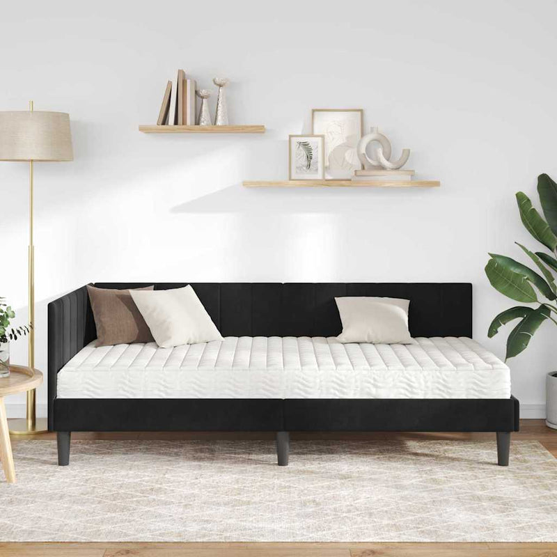 Cadru de pat colțar cu saltea cu headboard 2 buc. Negru Catifea