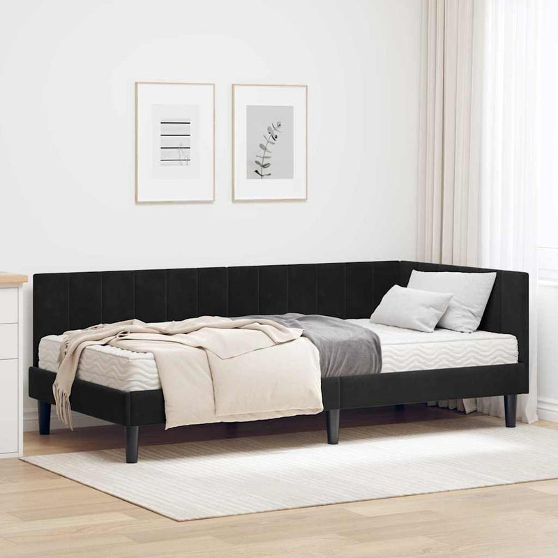 Cadru de pat colțar cu saltea cu headboard 2 buc. Negru Catifea