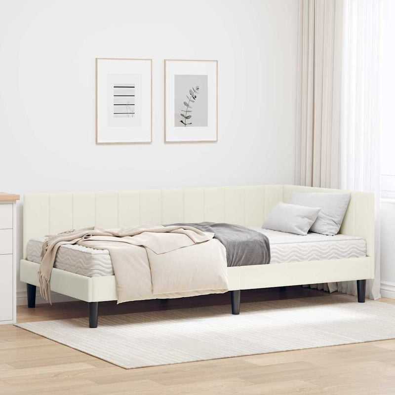 Cadru de pat colțar cu saltea cu headboard 2 buc. Crem Catifea