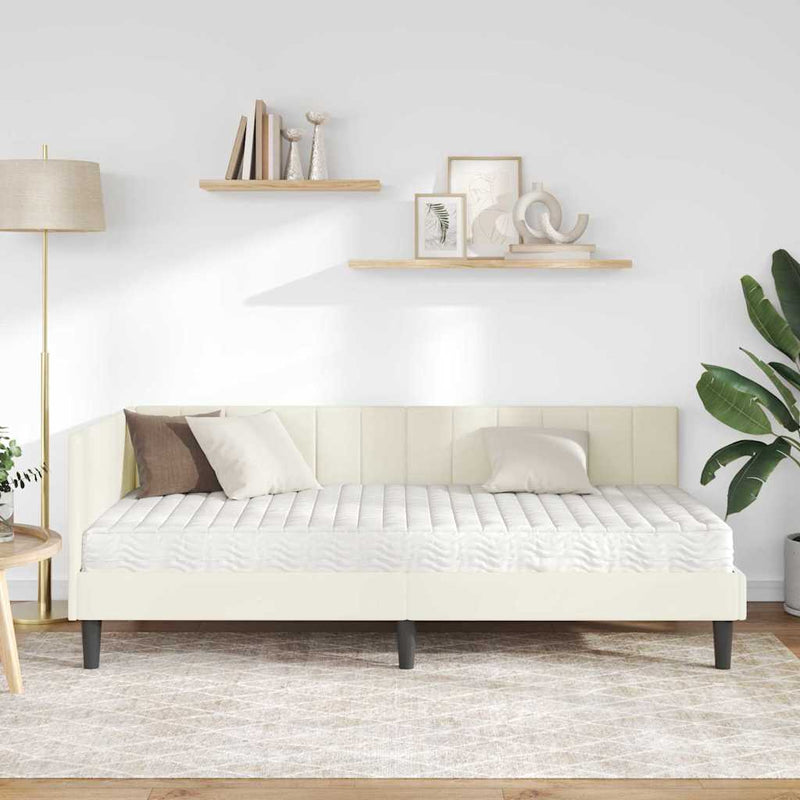 Cadru de pat colțar cu saltea cu headboard 2 buc. Crem Catifea